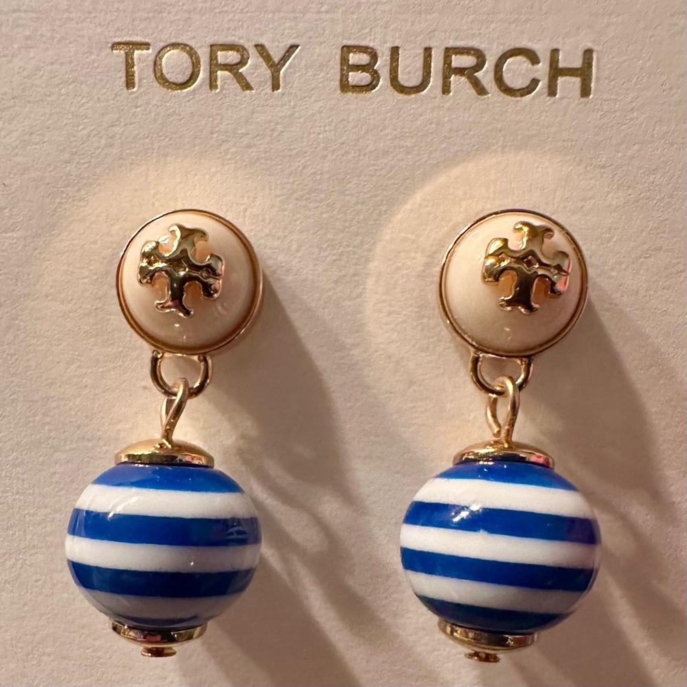 NWOT Tory Burch Saher Logo Drop Earrings, Blue Stripe